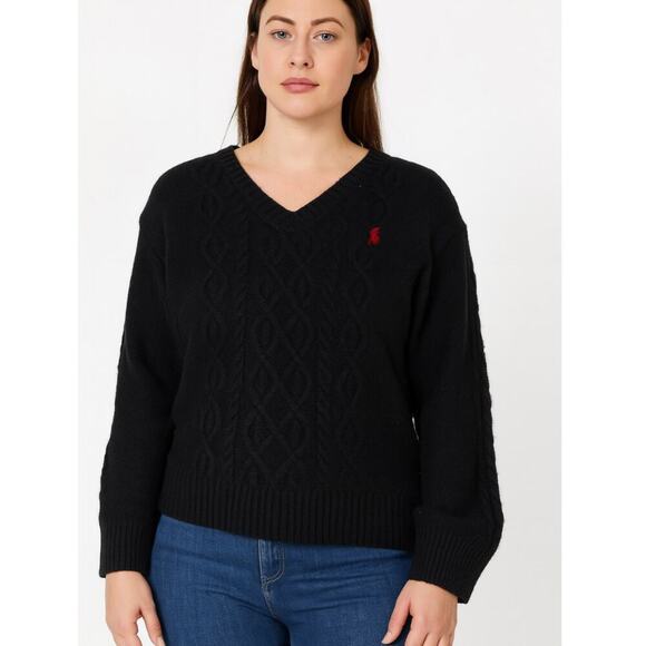 US Polo Ralph Lauren sweater black fisherman V-neck SZ LG - Picture 1 of 5